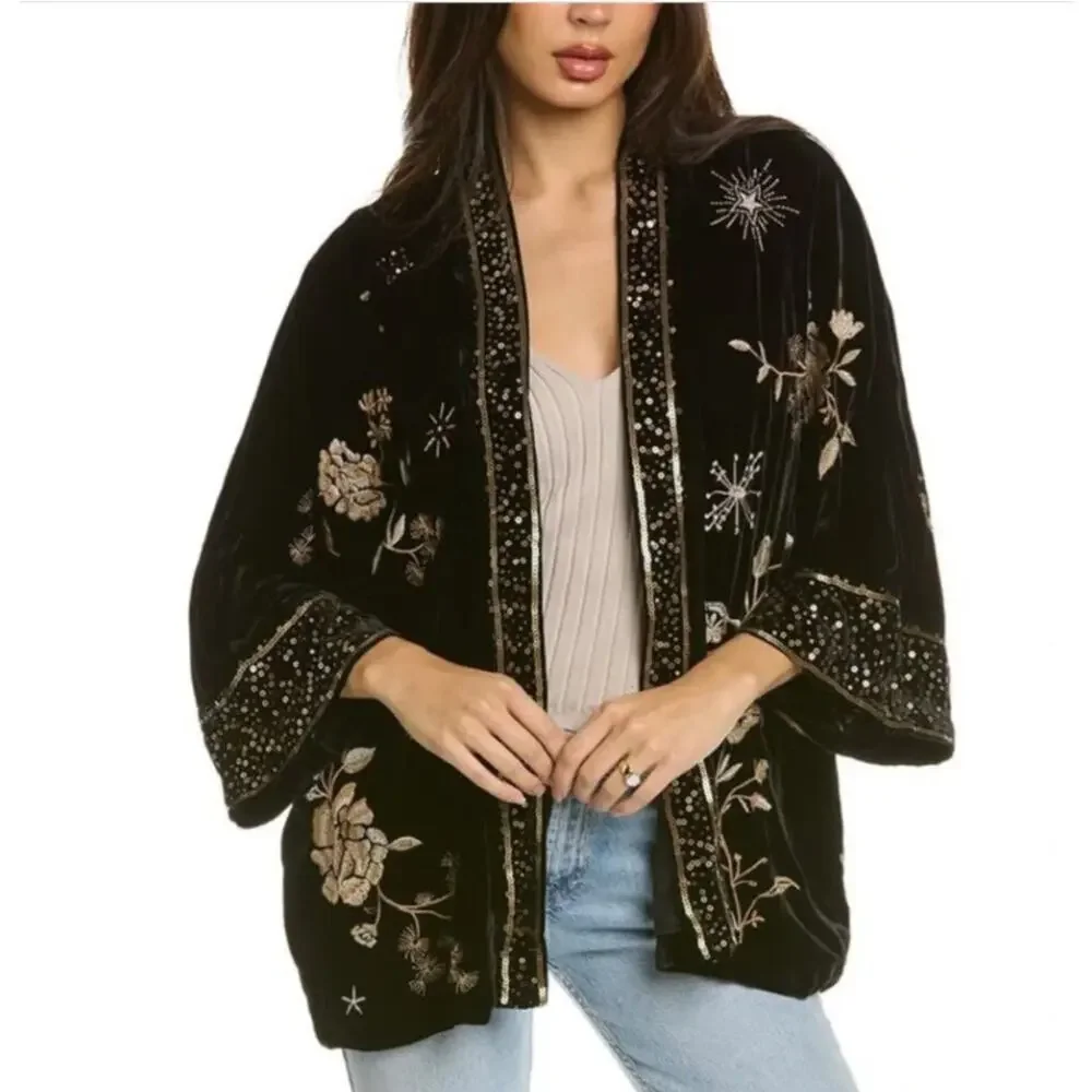 Johnny Was Ally Velvet Embroidered Sequins Kimono Black Gold Size Small